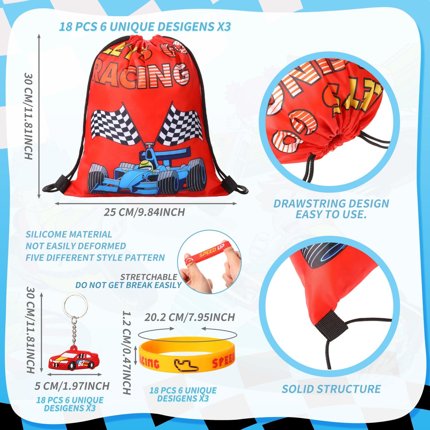 Sadnyy 140 Pcs Race Car Party Favors Birthday Party Decorations Supplies Drawstring Bags with Silicone Bracelets Keychains Straw