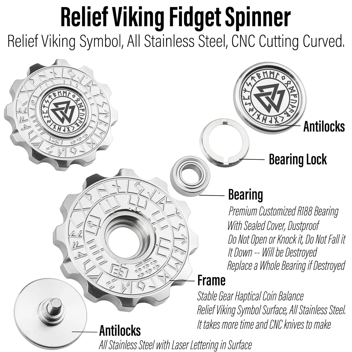 Freelove Viking Pirate Fidget Spinners For Adults, Heavy Metal Figette Spin, Premium Bearing, Silent Long Spinning, Small Gossip Desgin, Stainless Steel Silver