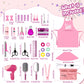 deAO Girls Beauty Salon Set, 32PCS Kids Beauty Salon Toy Kit,Pretend Play Hair Stylist Toy Kit with Hairdryer, Barber Costume Ap
