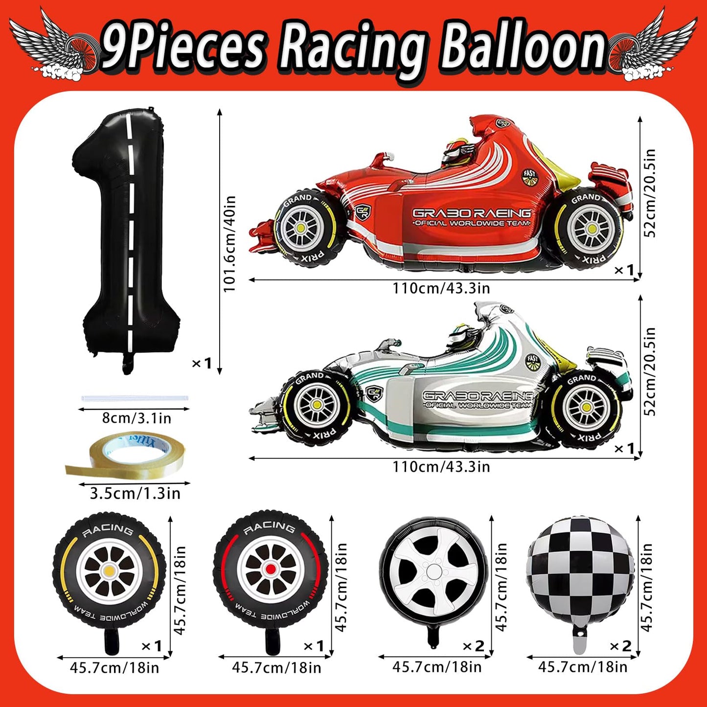 Number 1 Race Car Balloons, 43 Inch Race Car Party Decorations, Wheel Tire Balloons, Black And White Checkered Foil Balloons, Ca