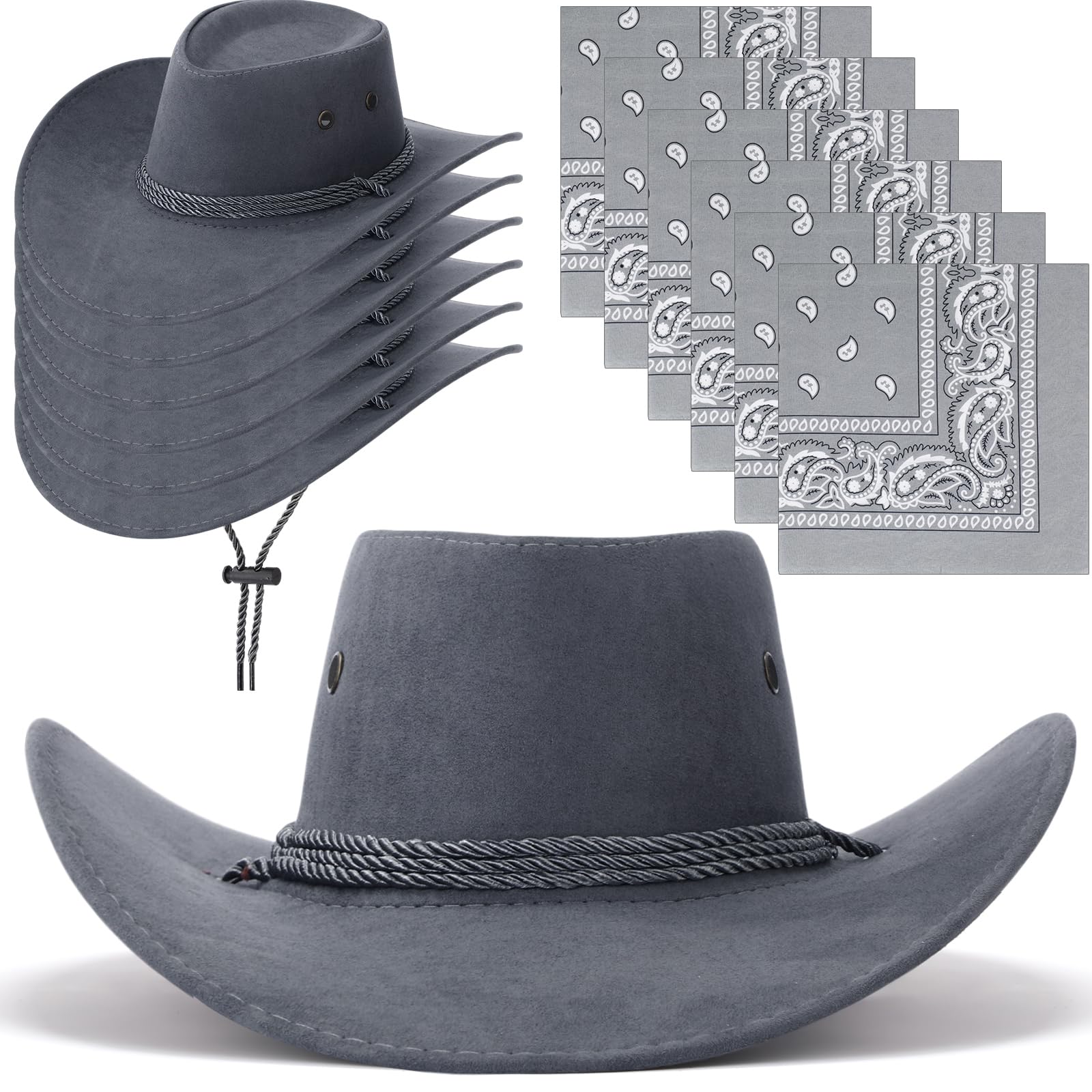 Zhanmai 12 Pcs Cowboy Hat and Bandana Cowboy Cowgirl Hats Bulk Western Party Costume Halloween Accessory(Grey,Polyester)