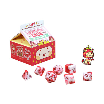 1985 Games Strawberry Kawaii Cat Dice Set - Milk Carton-Inspired Dice For Dnd | Ttrpgs & Tabletop Roleplaying