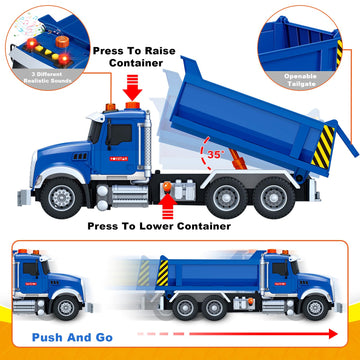 Kids Toys for 3 4 5 6 7 8 Years Old Boys, 15'' Large Dump Truck Toy with Lights, Sounds, Blue Toddler Friction Powered Truck Veh