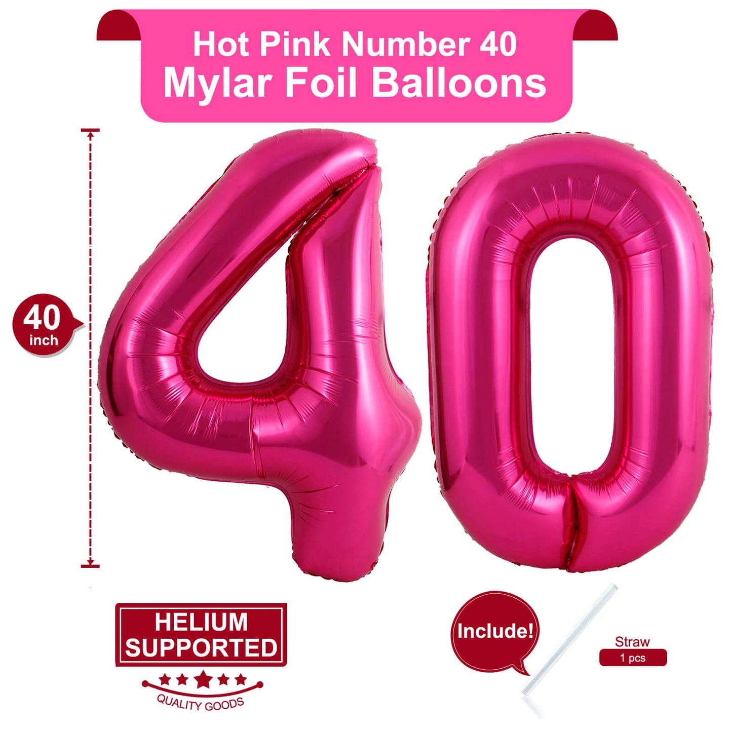 40 Inch Hot Pink 40 Number Balloons Giant Jumbo Huge 40 Foil Mylar Helium Number Digital Balloons Dark Pink Birthday Mylar Digit