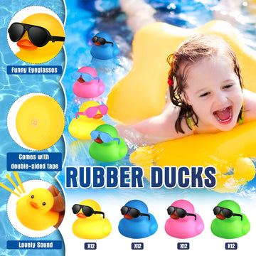 Chivao 48 Pcs Mini Rubber Ducks Bath Duck In Bulk 48 Sunglasses Toy Set Christmas Valentine Duck Gift Bath Toy Bathtub Toys For Gift Holiday Cruise Birthday Party Favor(Mixed Color)
