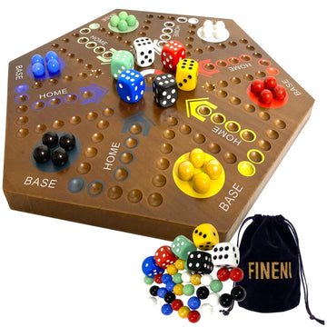 FINENI Wooden Board Games  Marble Board Game Original with Dual Sides Fast Track Board Game for 2 to 6 Players  Double Side Marble Game  6 Colors 30 Marbles Set and 6 Color 6 Dice Pouch (20 Dark)