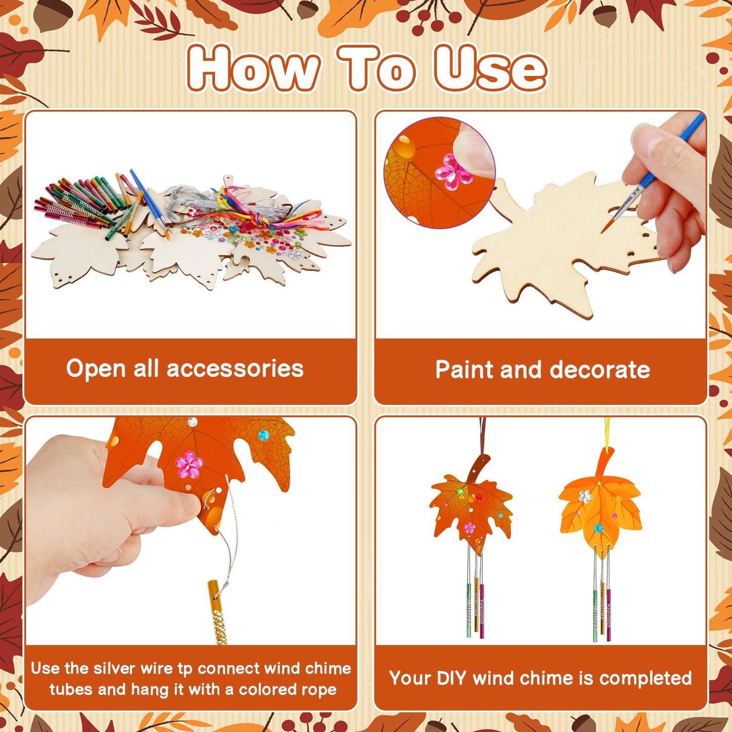 Fennoral 9 Pack Fall Wind Chime Kit For Kids Make You Own Maple Leaf Wind Chime Diy Coloring Fall Craft Wooden Hanging Ornaments