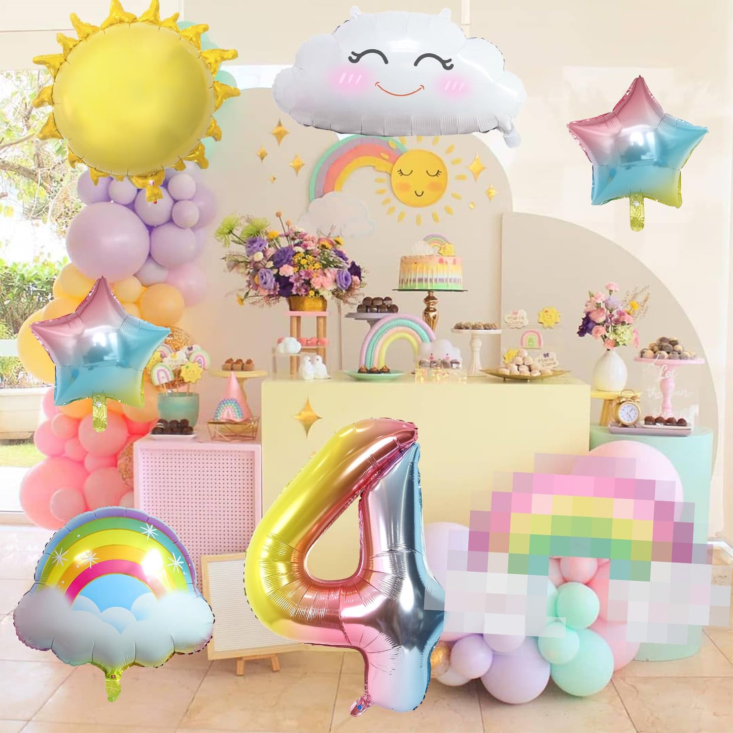 4Th Birthday Decorations Girl, 4Th Rainbow Birthday Balloons Set With Sun Rainbow Gradient Stars And 40 Inch Number 4 Foil Ballo