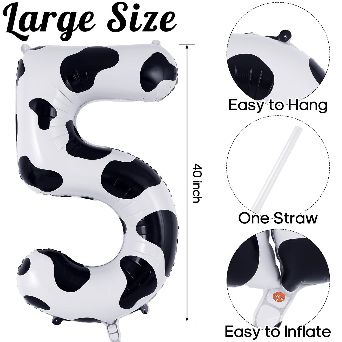 Cow Print Number 5 Balloon, Large 40 Inch Cow Number Birthday Balloons, Foil Mylar Number 5 Balloons For 5 Year Old Birthday Par