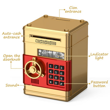 Atm Piggy Bank For Boys Girls, Electronic Money Bank With Password, Auto Scroll Paper Money Saving Box,Kids Safe Money Jar, Great Gift Toy Bank For Kids (Gold Red)