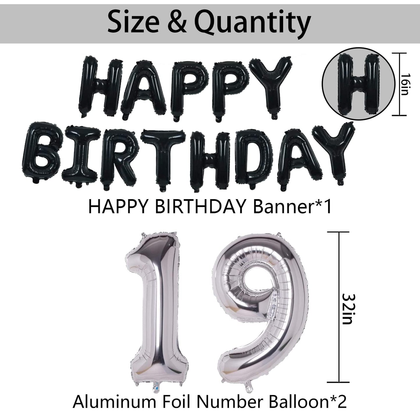 Naninuneno 19Th Black Silver Birthday Party Decorations For Men Women, Happy 19 Birthday Party Supplies With Black Happy Birthda