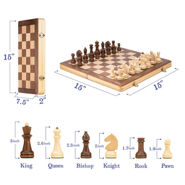 Lingle 15 Inch Travel Wooden Folding Chess Set W/ 3 Inch Kh Chess Pieces- Walnut & Maple Inlay Board Games