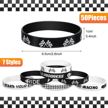 Zhanmai 50 Pcs Racing Flag Rubber Bracelets for Race Car 2.56 Inch Checkered Flag Wristbands Race Car Party Favors for Adults Sp