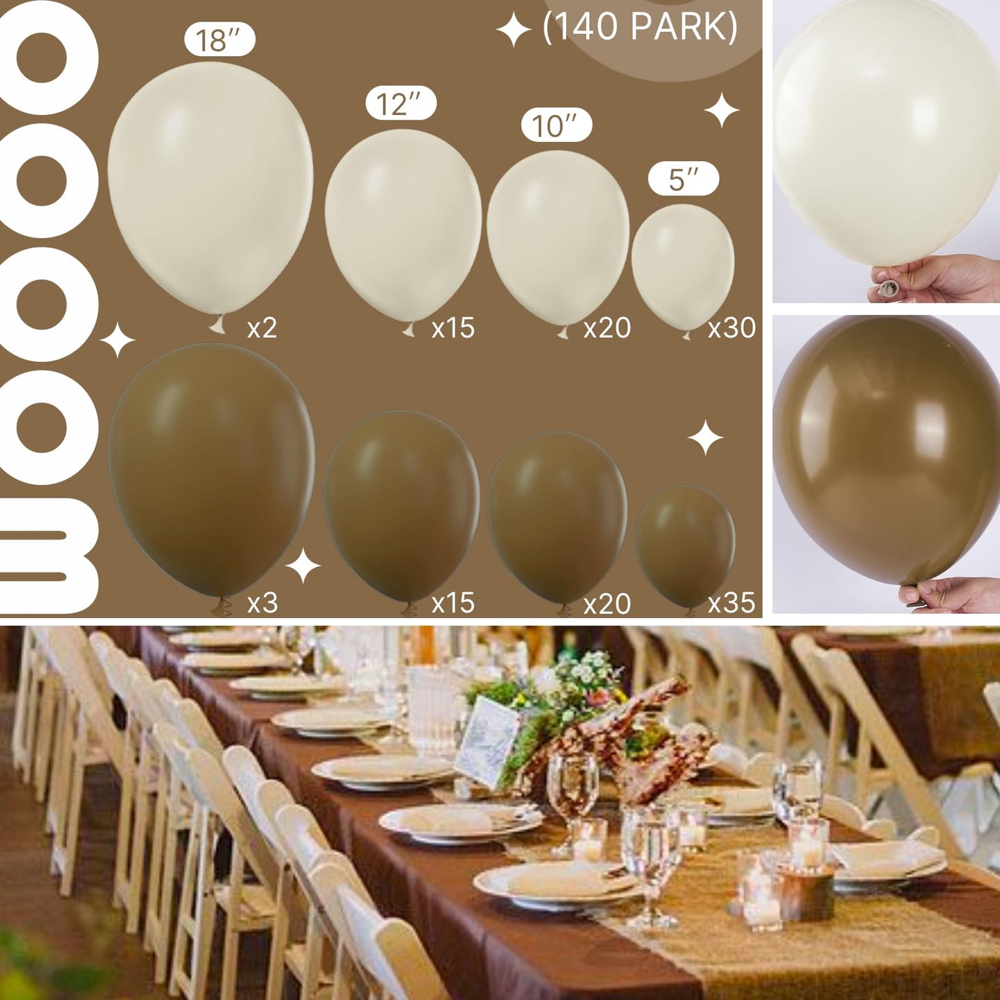 Partywoo Boho Brown And White Balloons, 140 Pcs Coffee Brown Balloons And White Sand Balloons Different Sizes Pack Of 18 Inch 12 Inch 10 Inch 5 Inch For Balloon Garland Or Arch As Party Decorations
