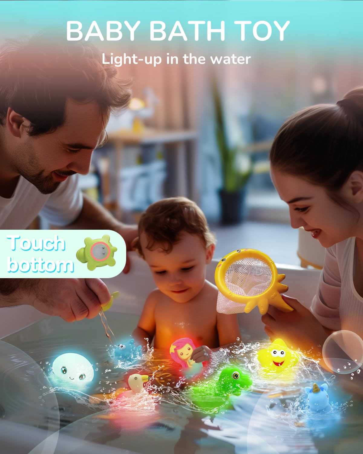 No Hole Light Up Bath Toys, 9Pcs Flashing Colourful Bathtub Mermaid Toy With Storage Bag And Net Fishing For Swimming Pool Party