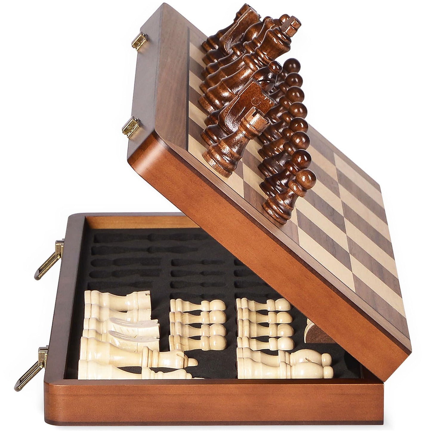 Elongdi 15' Wooden Chess Set With Magnetic Pieces - Extra Queens - Folding Chessboard Portable Travel Tournament Chess Board Games For Adults Kids