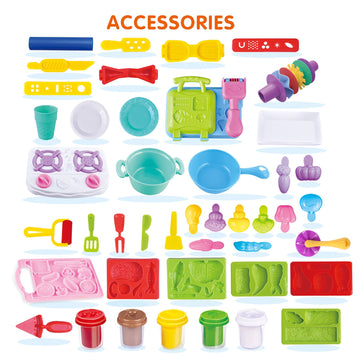 YiQis Kids Play Food Kitchen Set, 40 Pieces Cooking Utensils, Molds and Accessories, 5 Cans Color Dough,Ages 3+, Multicolor