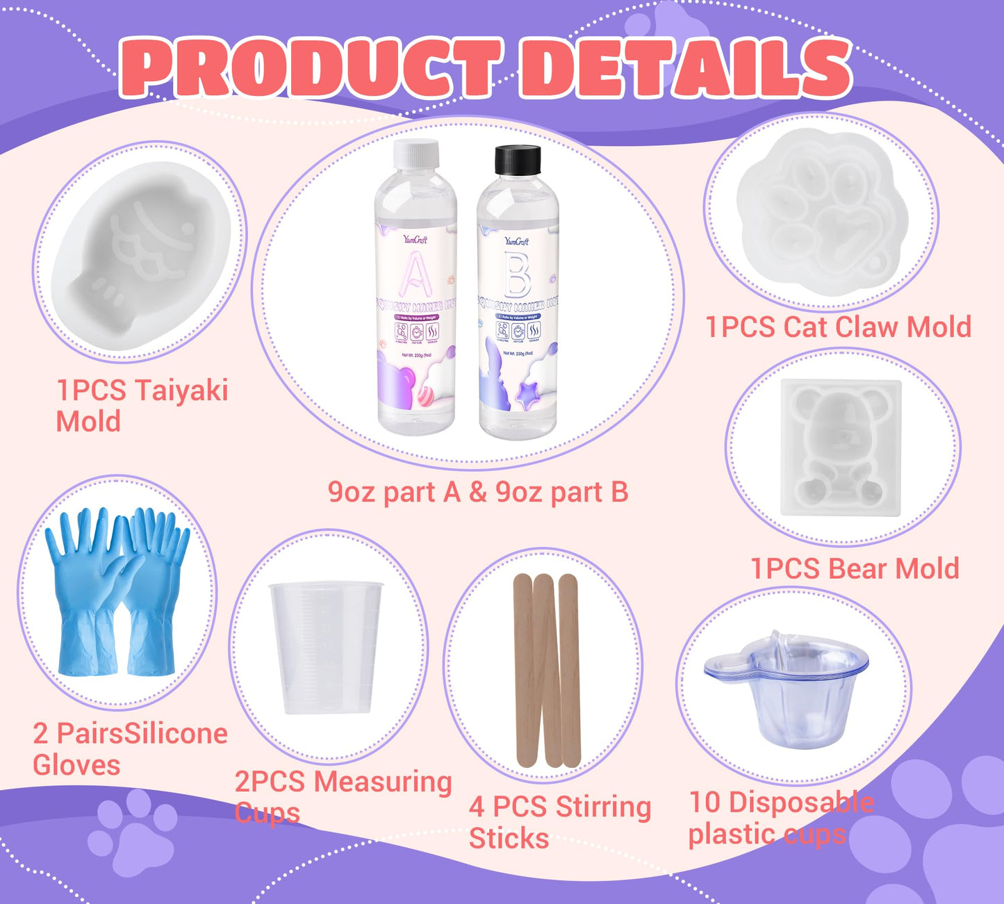 Transparent Liquid Silicone for Squishy Maker  18oz Silicone Rubber for Making Taba Squishy  Super Soft & Fast Liquid Silicones  Perfect DIY Decompression Gift  Custom Mold: Cat Paw + Fish + Bear