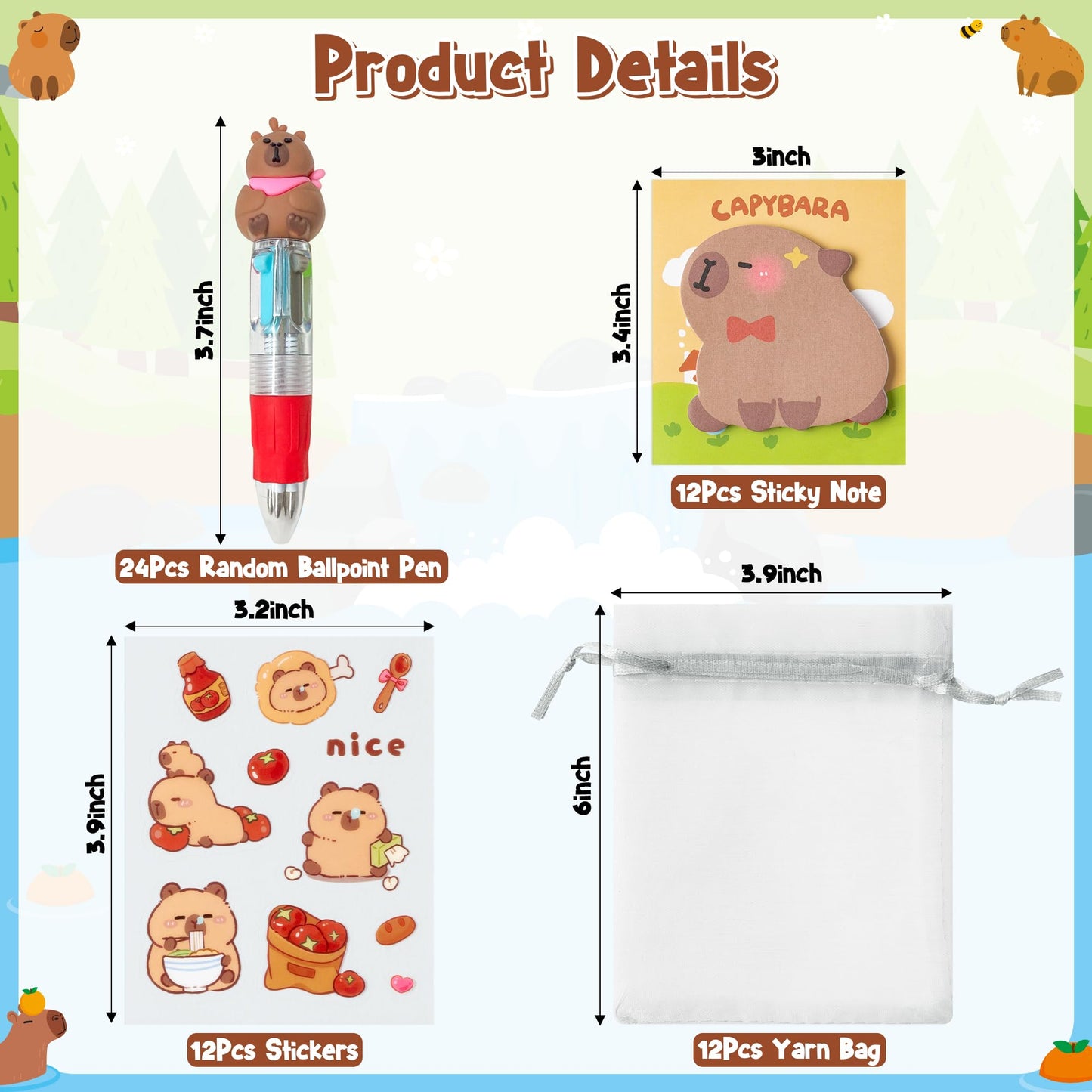CY2SIDE Capybara Stationery Party Gift - 12 Pack Fun Animal Prizes Set Include 4-in-1 Ballpoint Pens Sticky Note Sticker and Org