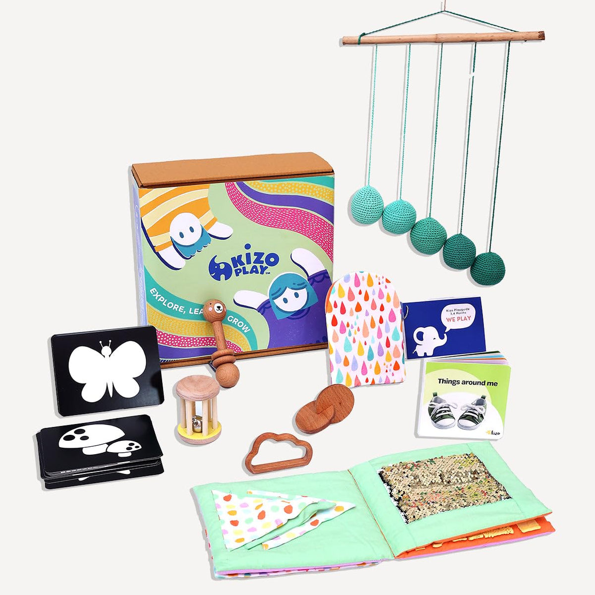Kizoplay Montessori Play Kit Level 2 (34 Months)  Gobbi Mobile, Sensory Book, Rattles And Teether