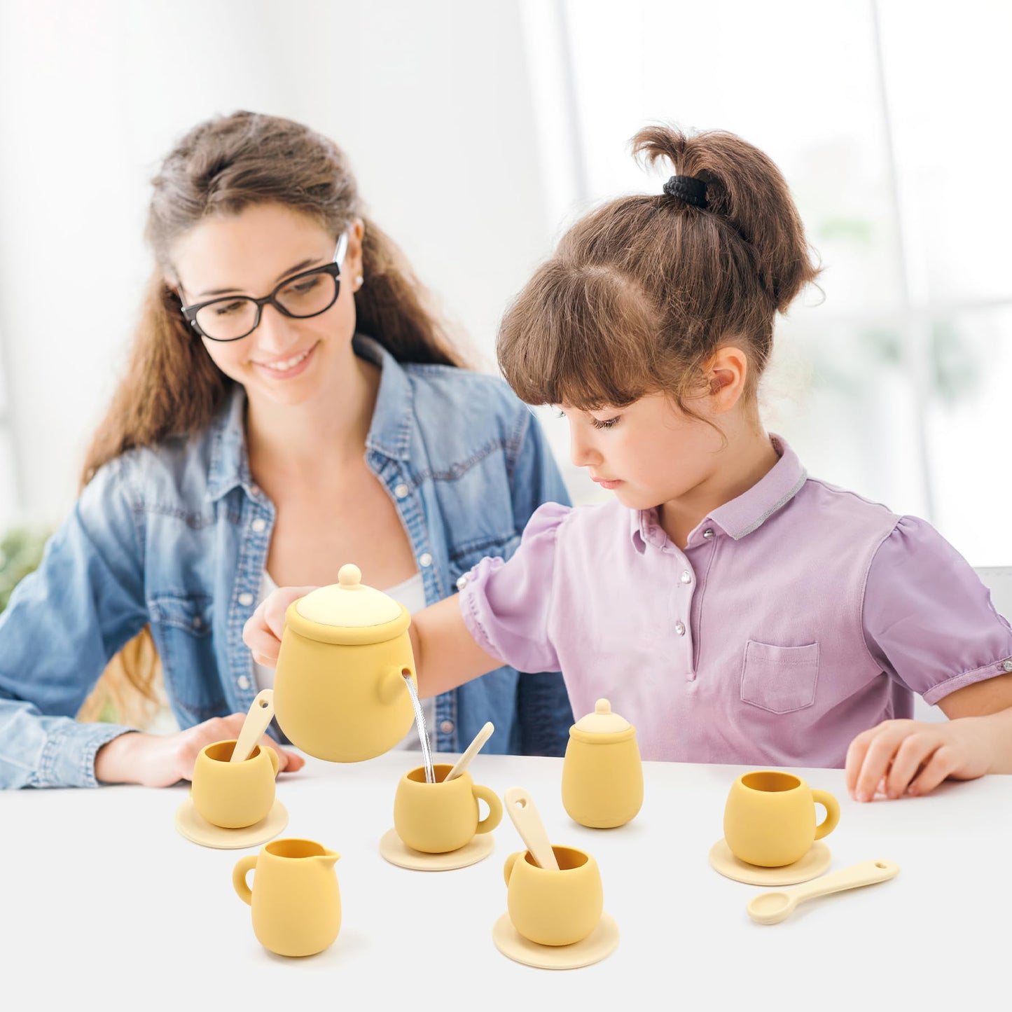 MCGMITT Tea Party Set for Little Girls, 15 Pcs Silicone Tea Set for Kids, Toddler Tea Set with Teapot Tea Cup Coasters Creamer S
