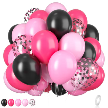 Pink And Black Balloons, 12 Inch Hot Pink Black Balloons Set With Black Pink Confetti Balloons, Pastel Pink Light Pink Black Bal