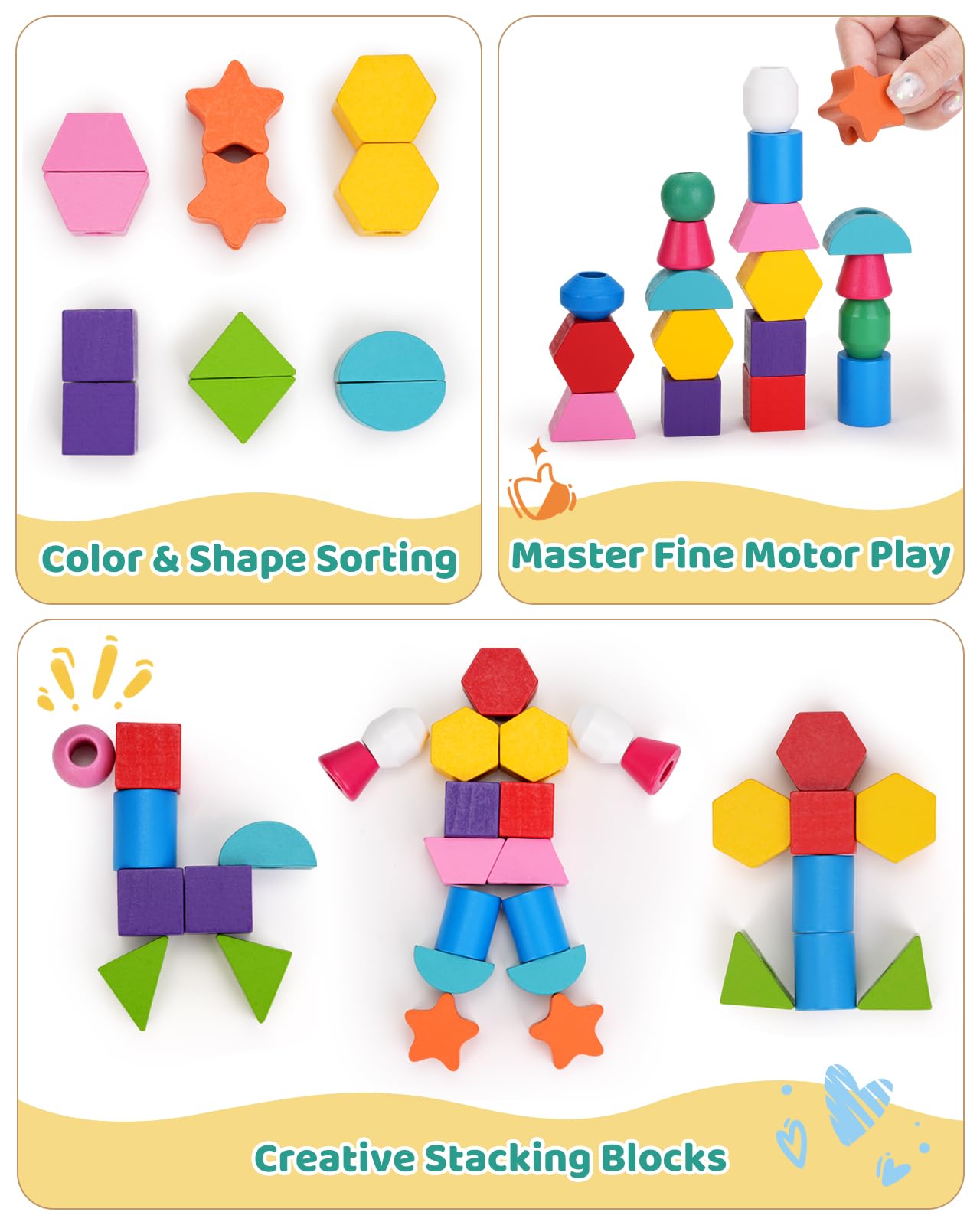 KidMigo Montessori Toys for 3 Year Old  Stacking Toys for Toddlers  Stacking Blocks  Lacing Beads  Matching Shape Preschool Toys  Montessori Toys for 3 4 5 Year Olds with Canvas Storage Bag