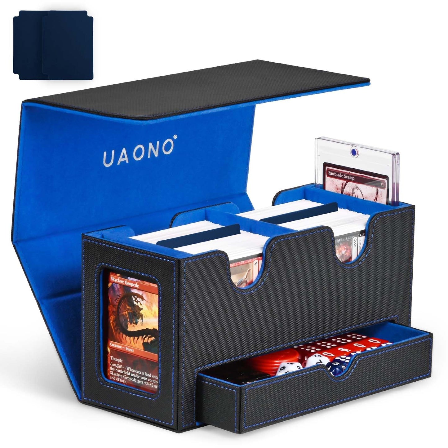 Uaono Card Deck Box For Mtg, Double Card Storage Box With 2 Commander Display & 1 Dice Tray, Fits 200+ Double Sleeved Cards, Card Organizer For Ccg Tcg Sports Cards (Black Blue)