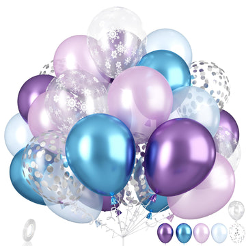 Dagelar Frozen Balloons Set, Pearl Purple Blue Metallic Purple Blue Snowflake Latex Balloon With Silver Confetti Balloons For Wi