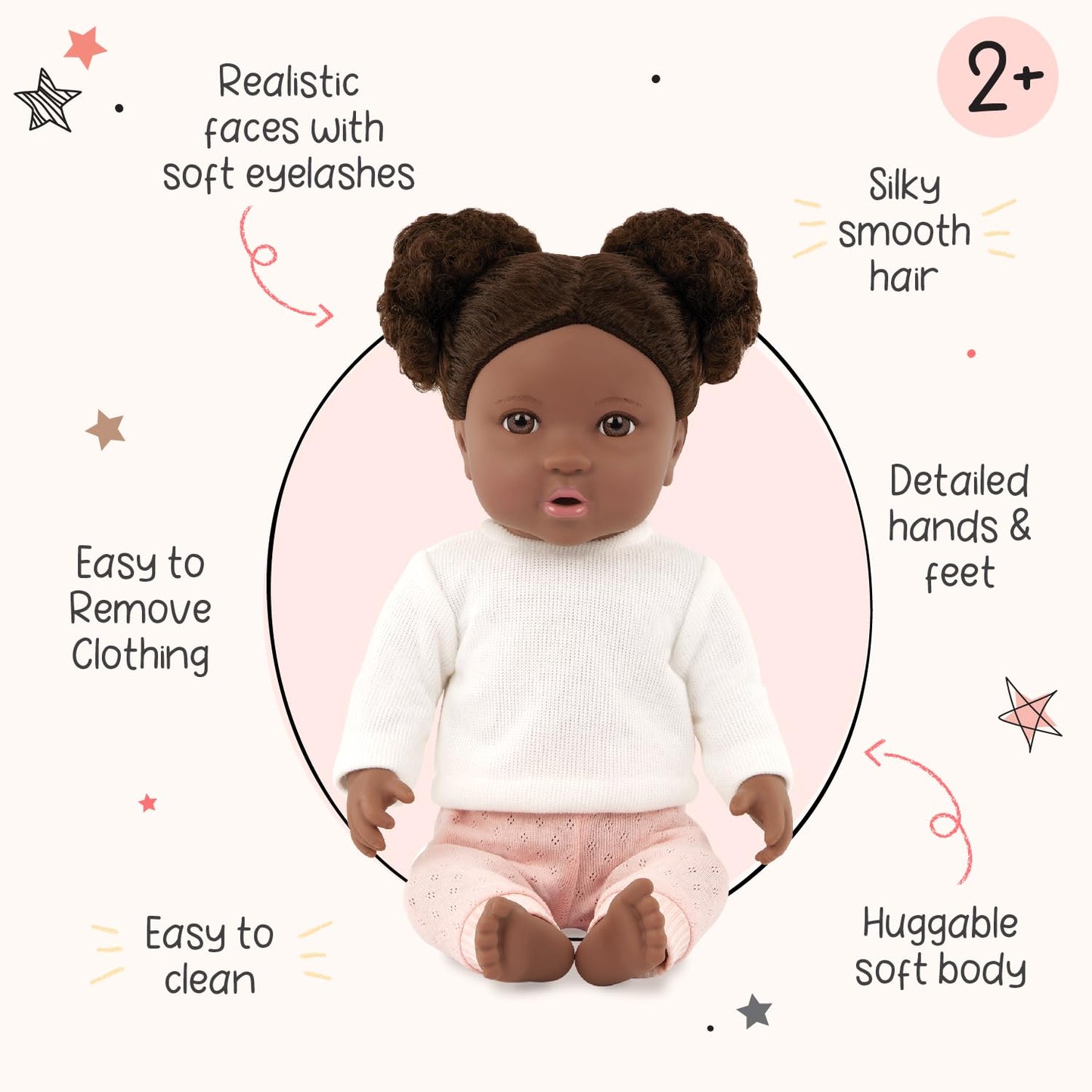 LullaBaby 14 Realistic Baby Doll - Curly Dark-Brown Hair, Brown Eyes, Soft Body, Outfit, Hair Elastics & Pacifier - Perfect for Pretend Play