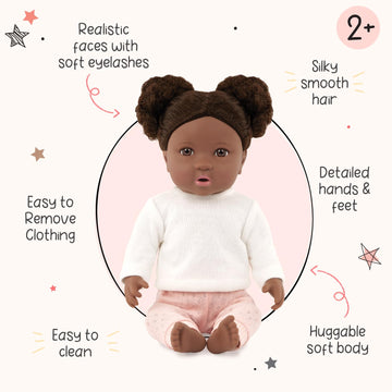 LullaBaby 14 Realistic Baby Doll - Curly Dark-Brown Hair, Brown Eyes, Soft Body, Outfit, Hair Elastics & Pacifier - Perfect for Pretend Play