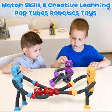 Pop Tubes Robot Fidget Toys (4 Pack), Telescopic Suction Cup Robotics Toy, Toddler Fine Motor Skills And Creative Learning, Auti