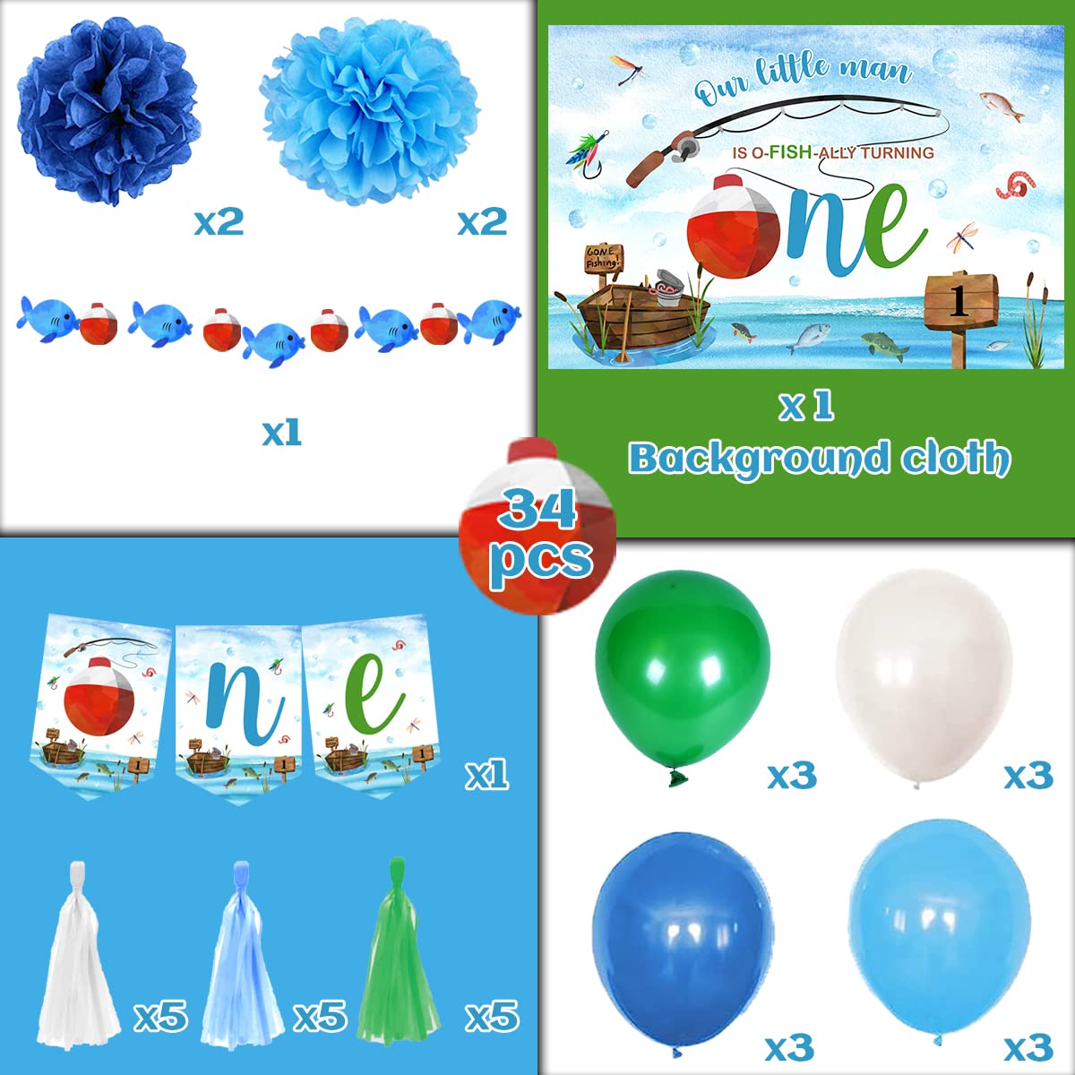 O Fishally One First Birthday Decorations,Gone Fishing Party Supplies Include Fish Bobber Banner,Our Little Man Is Ofishally Tur