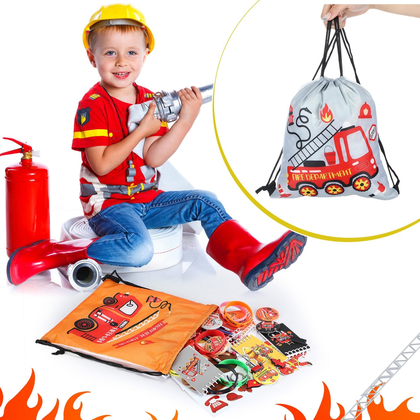 144 Pcs Firefighter Party Favors Fireman Themed Party Supplies Firemen Truck DIY Stickers Drawstring Bags Mini Notepads Silicone