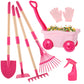 Duckura Kids Gardening Tools Set - 7pcs Wheelbarrow Set for Kids with Shovel  Rake  Leaf Rake  Summer Outdoor Yard Digging  Toys  Halloween Birthday Gifts for Boys Girls Age 2 3+ Years Old(Pink)