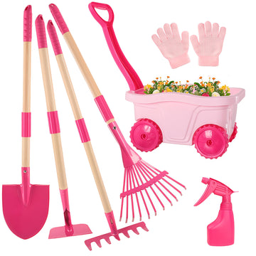 Duckura Kids Gardening Tools Set - 7pcs Wheelbarrow Set for Kids with Shovel  Rake  Leaf Rake  Summer Outdoor Yard Digging  Toys  Halloween Birthday Gifts for Boys Girls Age 2 3+ Years Old(Pink)