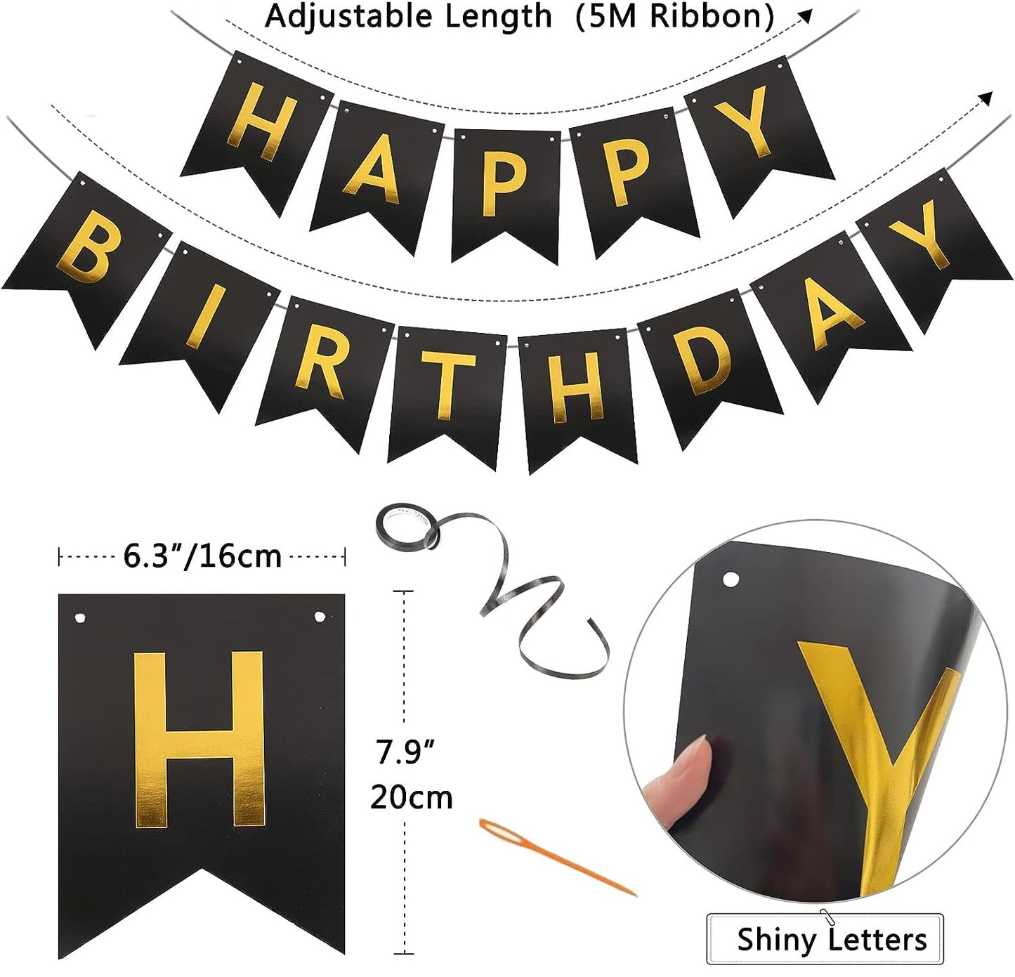 Happy Birthday Banner,Happy Birthday Decorations Black And Gold Birthday Flag Bunting For Birthday Party Backdrop Decor,Happy Bi
