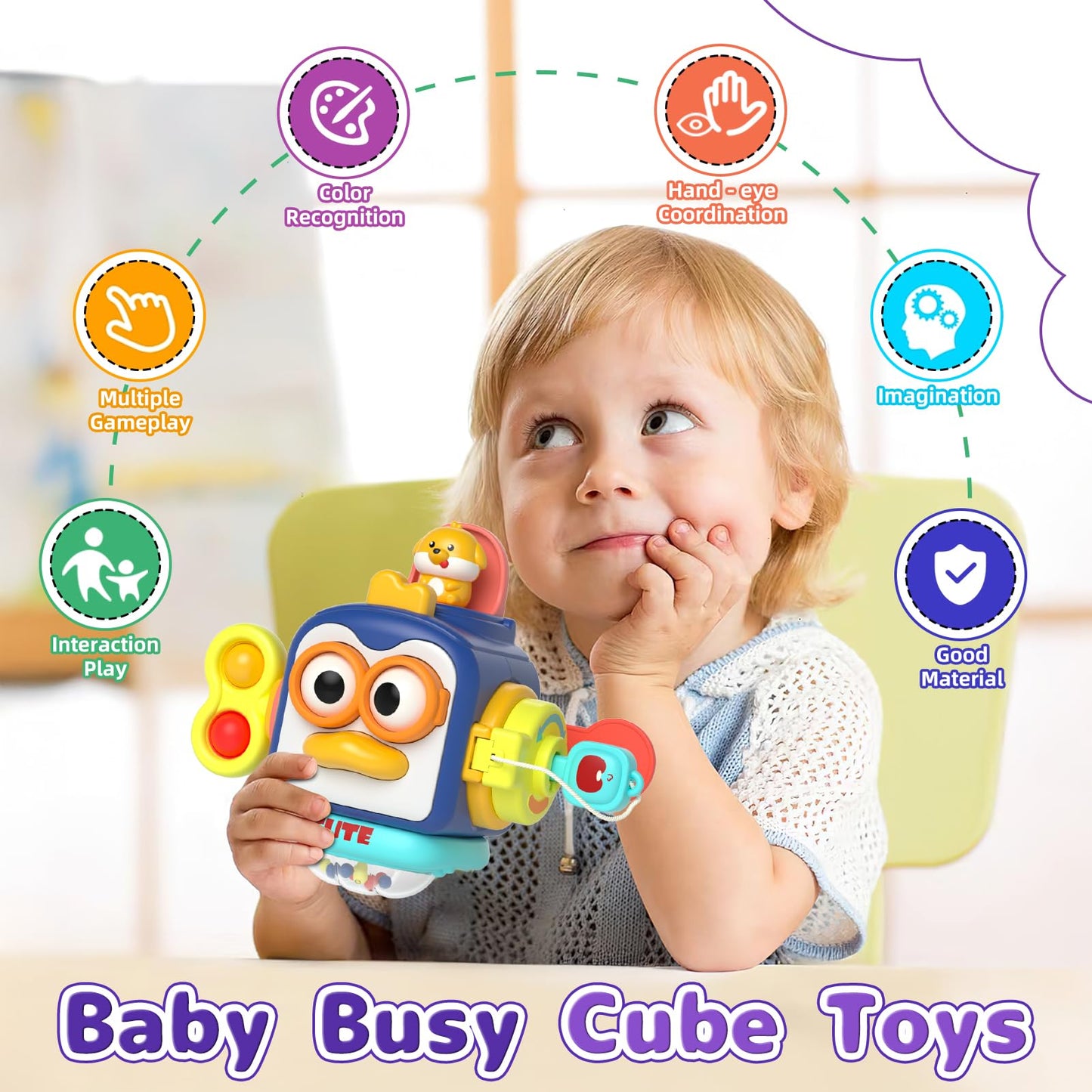 Usrela 5 In 1 Baby Toy For 12 18 Month, Learning Toys For Babies 12-18 Months, Baby Busy Cube, Stacking&Sensory, Pull String&Pia