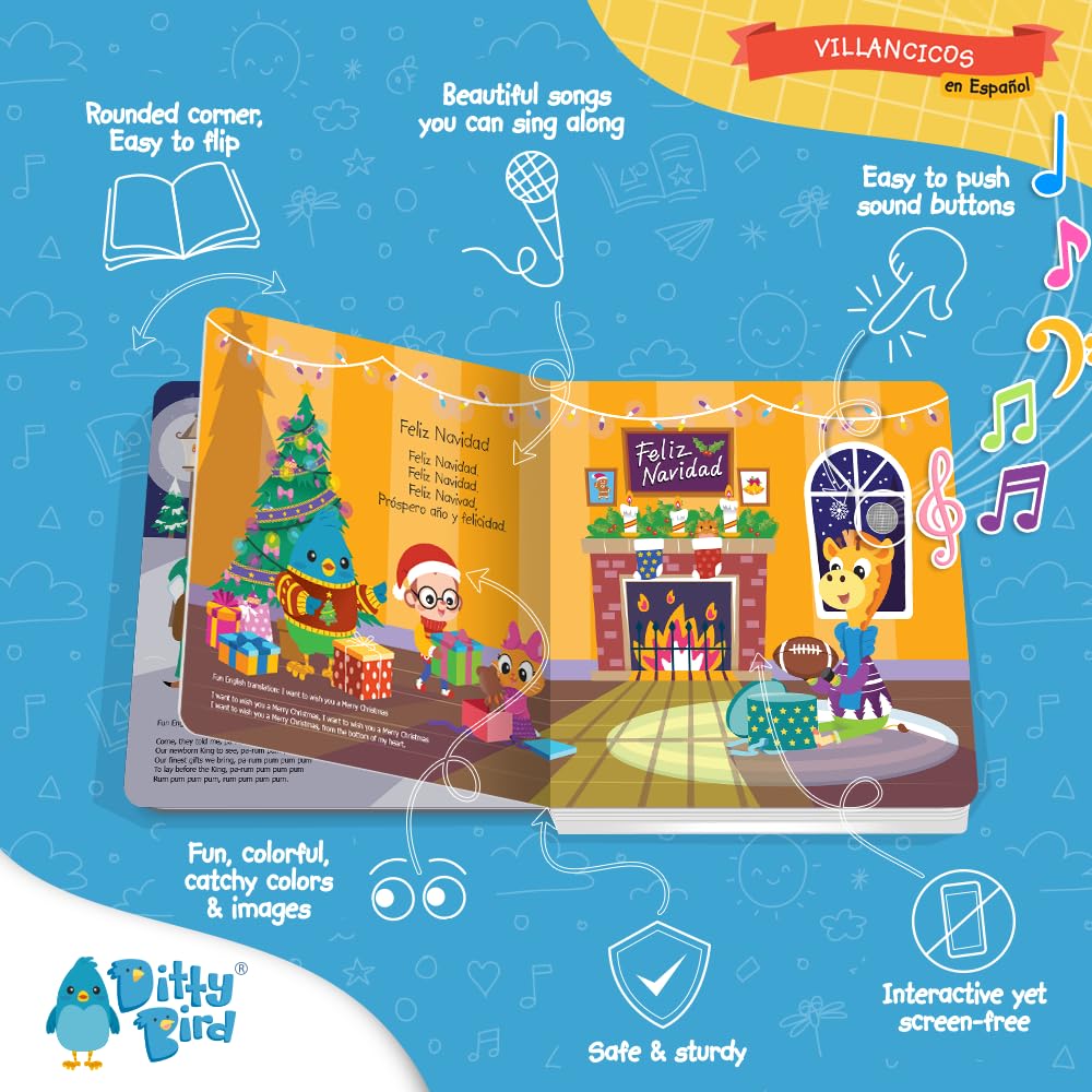 DITTY BIRD Spanish Christmas Musical Book for Toddlers - Interactive Sound Book with Jingle Bells, Cardboard, Multicolor, Model DB026