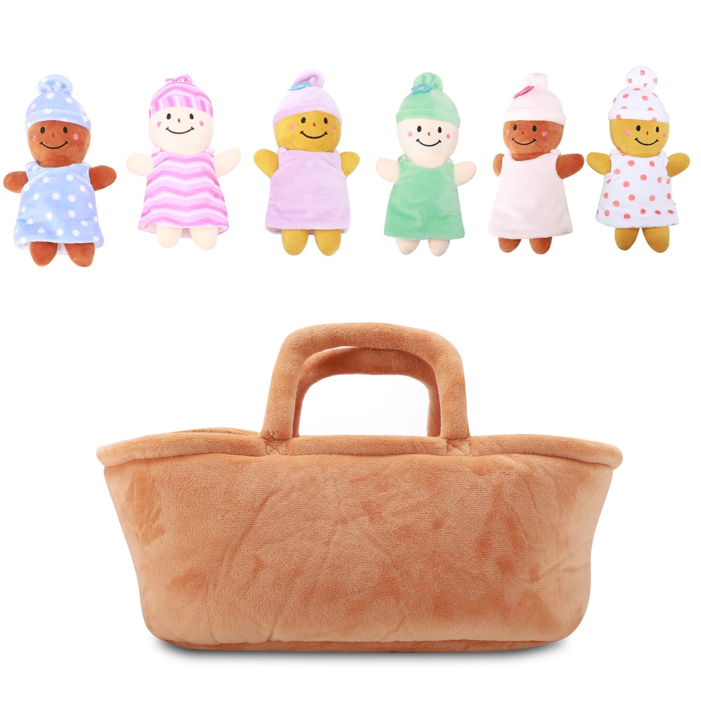 Qpewep Basket Plush Baby Dolls Soft Multicultural Sensory Babies Toy Set 6 Piece Interchangeable Clothes Stuffed Plush Figures For All Ages Gift