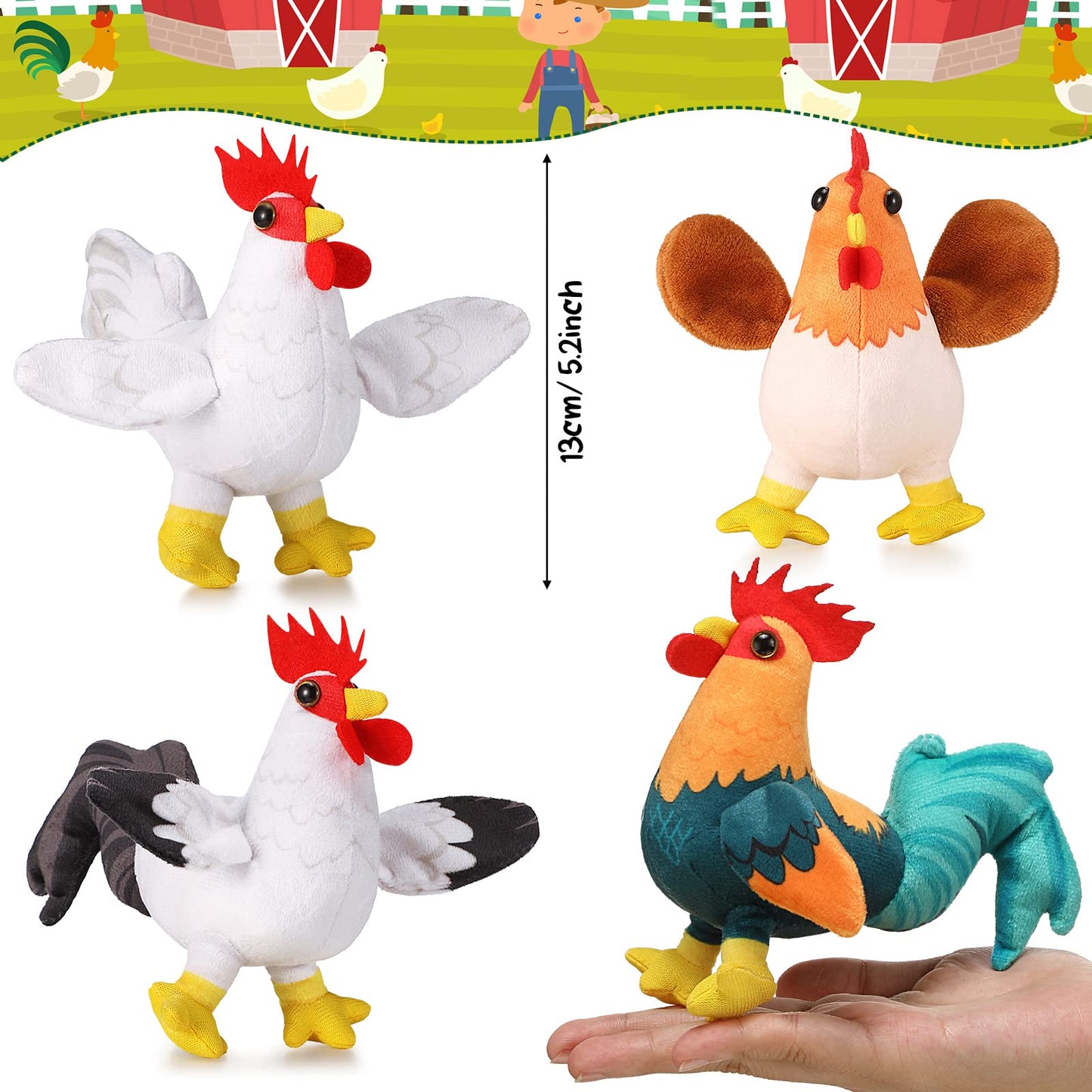 Kasyat 6 Pieces Mini Plush Furry Animal Toys Soft Plush Horse Pig Cattle Rabbit Dog Sheep Hen Doll Stuffed Plush Animals For Christmas Stocking Stuffers Birthday Party Decoration(Chicken And Rooster)
