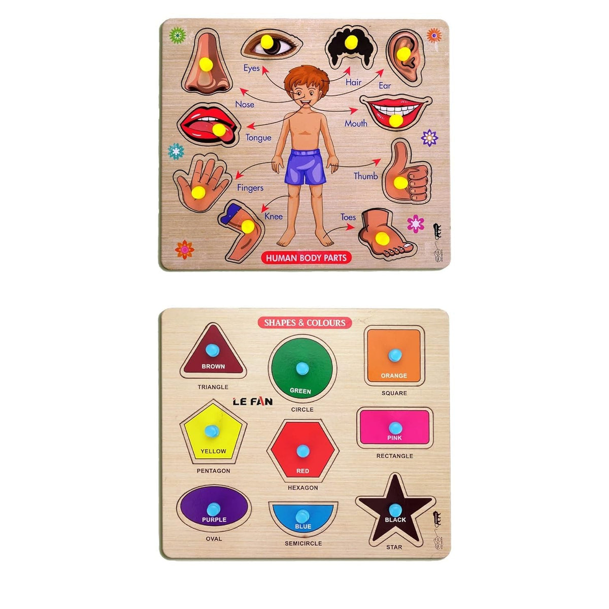 PopPlop Mini Wooden Human Body Parts, Shape and Colors Puzzle with Knobs, Educational and Learning Game for Kids