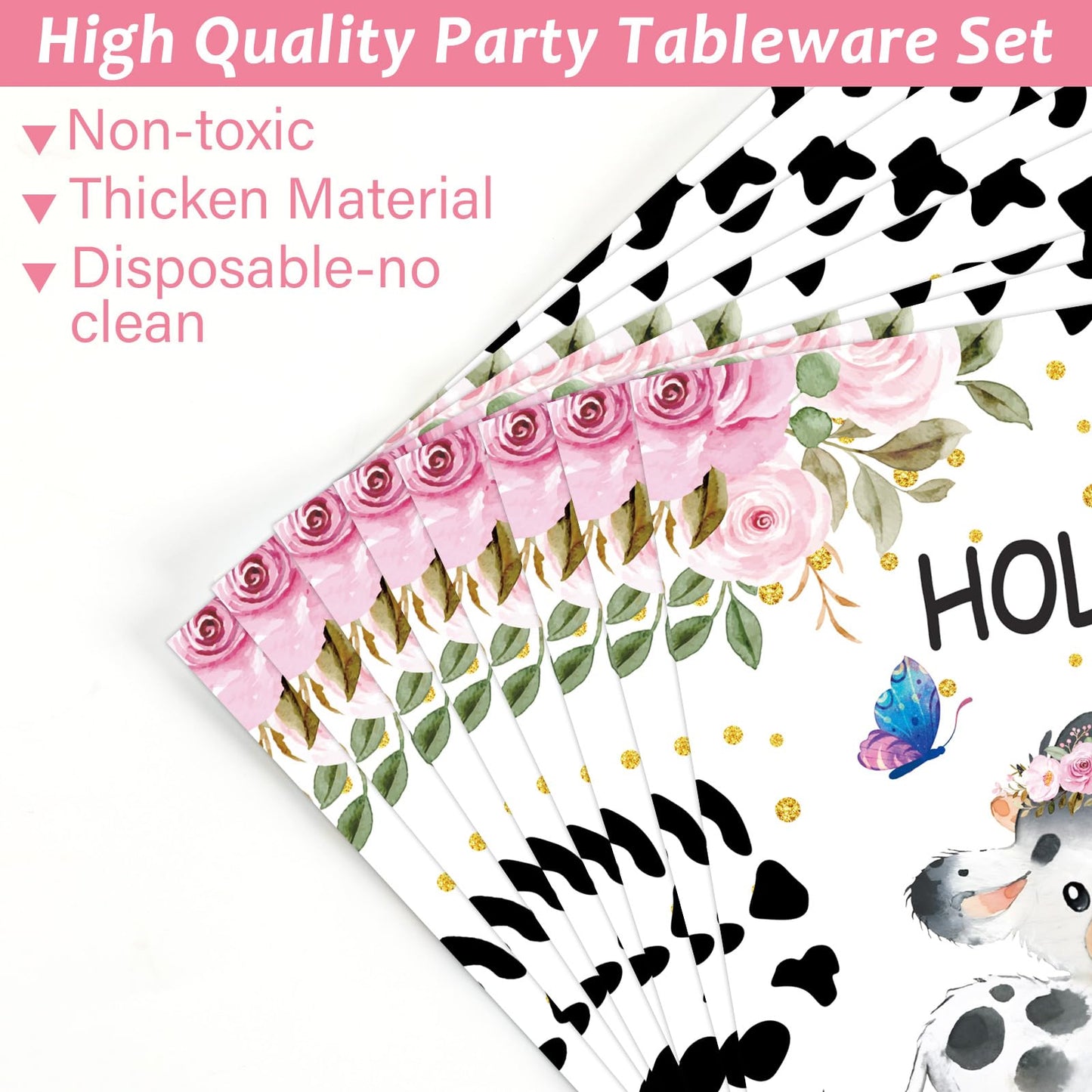 Gisgfim 96Pcs Holy Cow I'M One Party Supplies Pink Cow Print Paper Plates Napkins Cow First Party Tableware Set Cow Floral Dinne