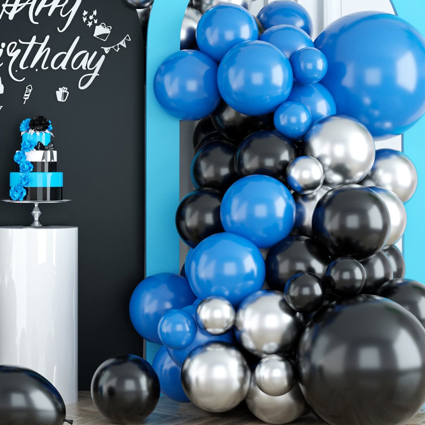 Black Blue Silver Balloon Garland Kit, Blue Silver Balloon Garland Kit With Black Blue And Silver Latex Balloons, Black Blue Sil