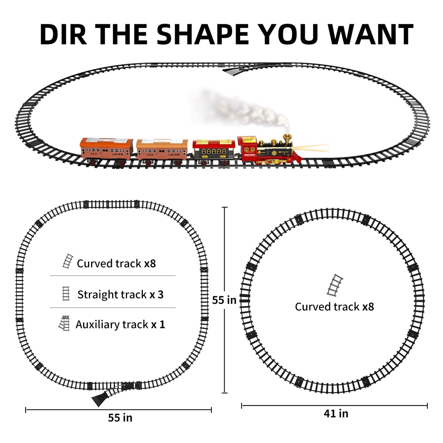TEMI Train Set for Kids - Rechargeable Red Steam Engine with Cargo Car, Light & Sounds, Medium Size, Gift for Ages 4-7