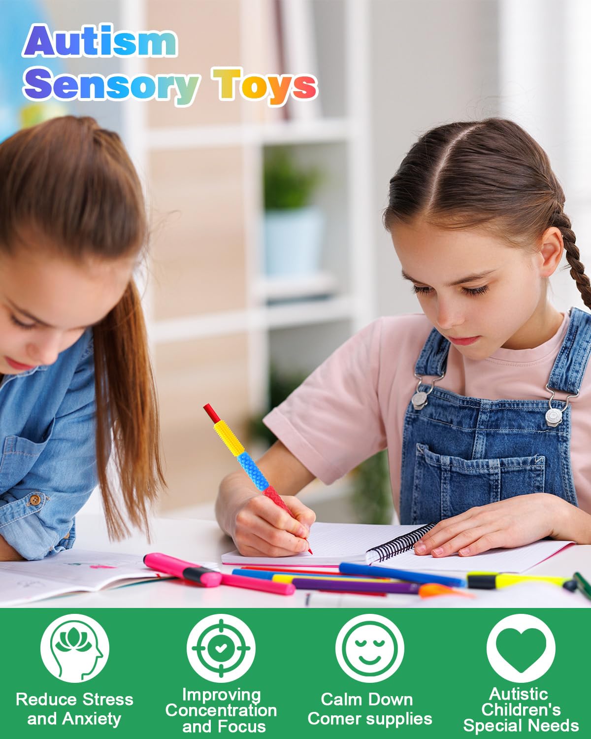 Lesong Sensory Fidget Toys Kids Adults: 24 Pack Textured Silicone Pencil Grips For Autism Kids Calming - Adhd Tools For Anxiety