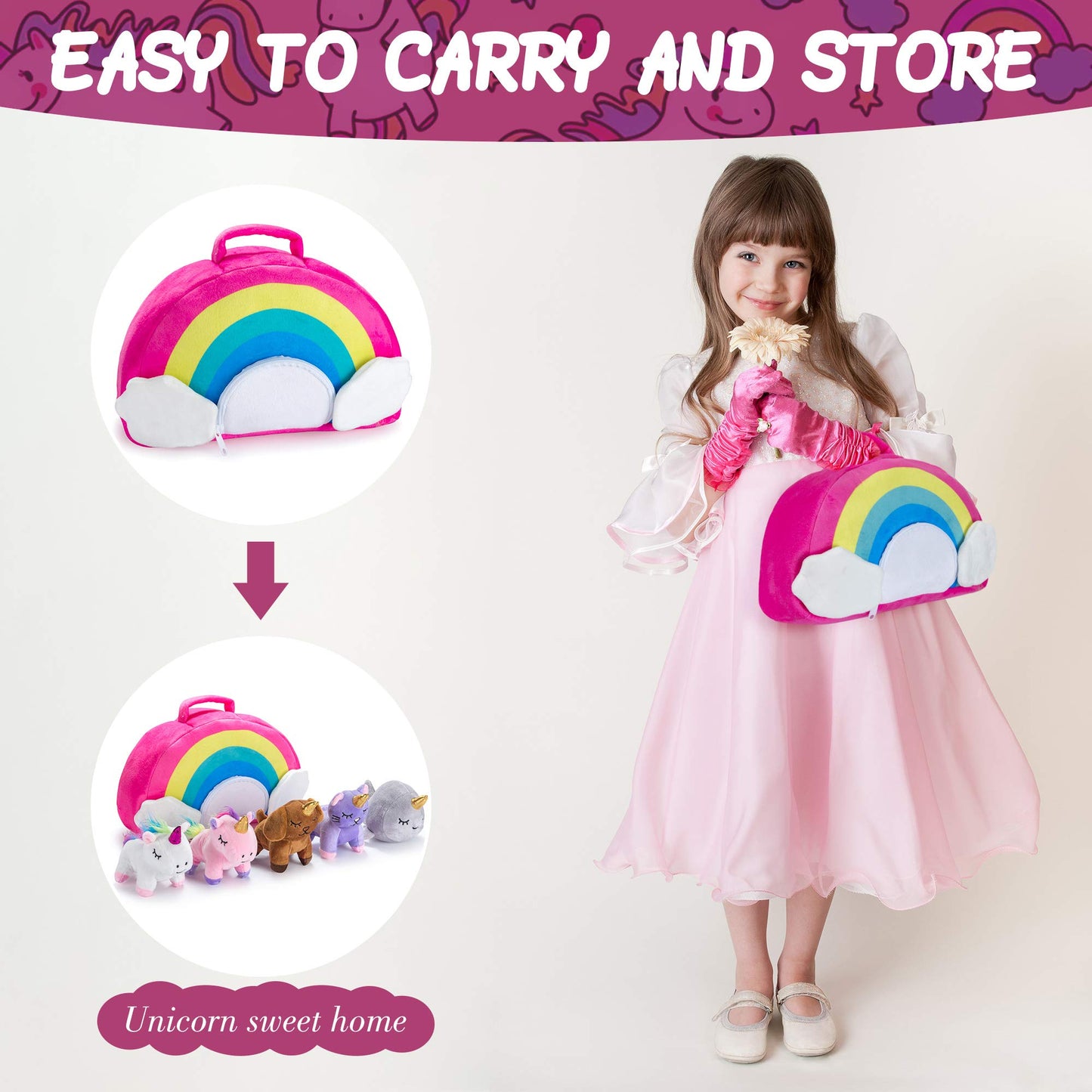 PASSIONFRUIT Stuffed Toy Unicorn Animal Set - 5 Plush Toys with Rainbow Bag - Includes Unicorns, Kitty, Puppy, Narwhal - Ideal Gift for Toddlers