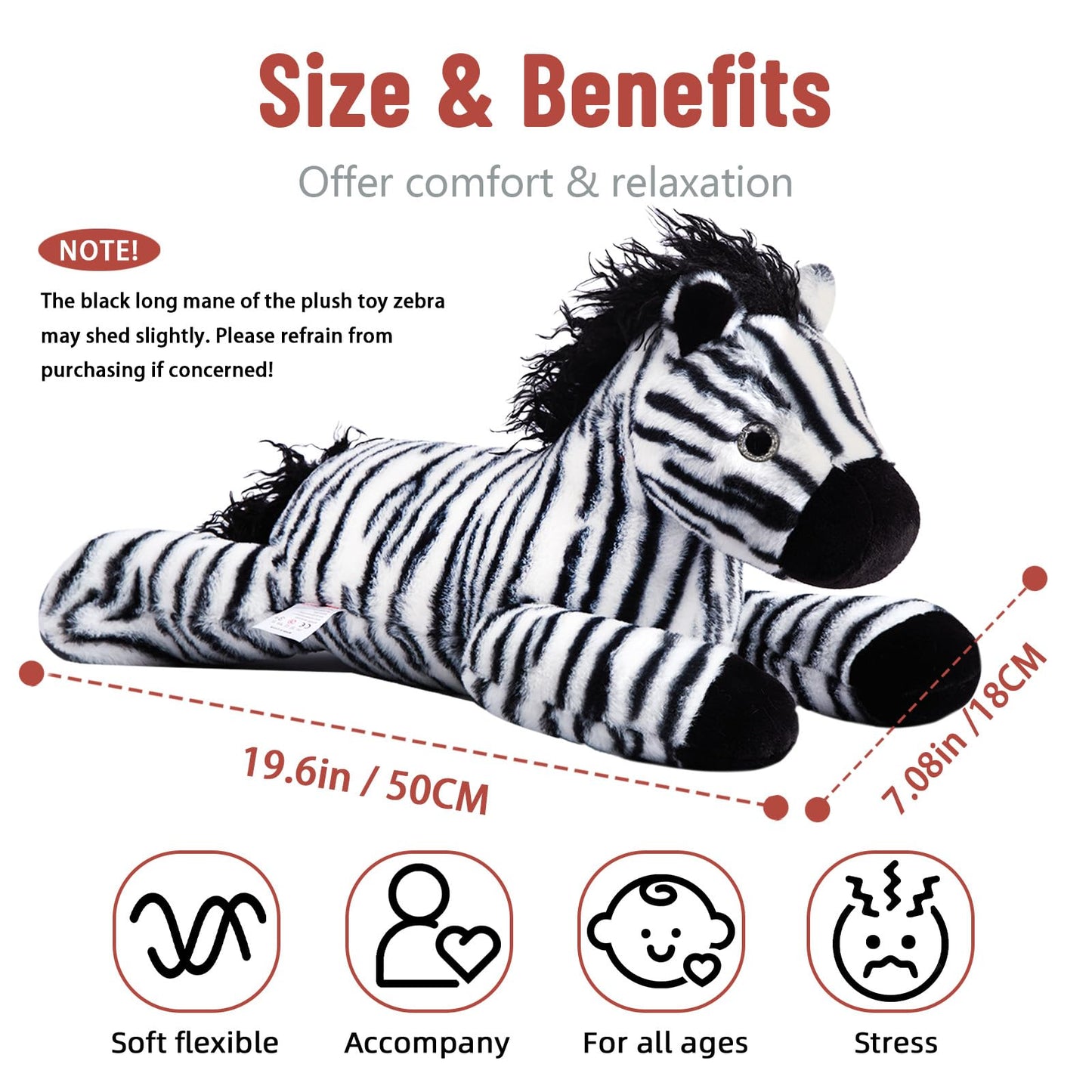 Niuniu Daddy 20'' | 3.3 Pound Zebra Weighted Stuffed Animals For Kids Adults, Soft Zebra Weighted Beads For Stuffed Animals For