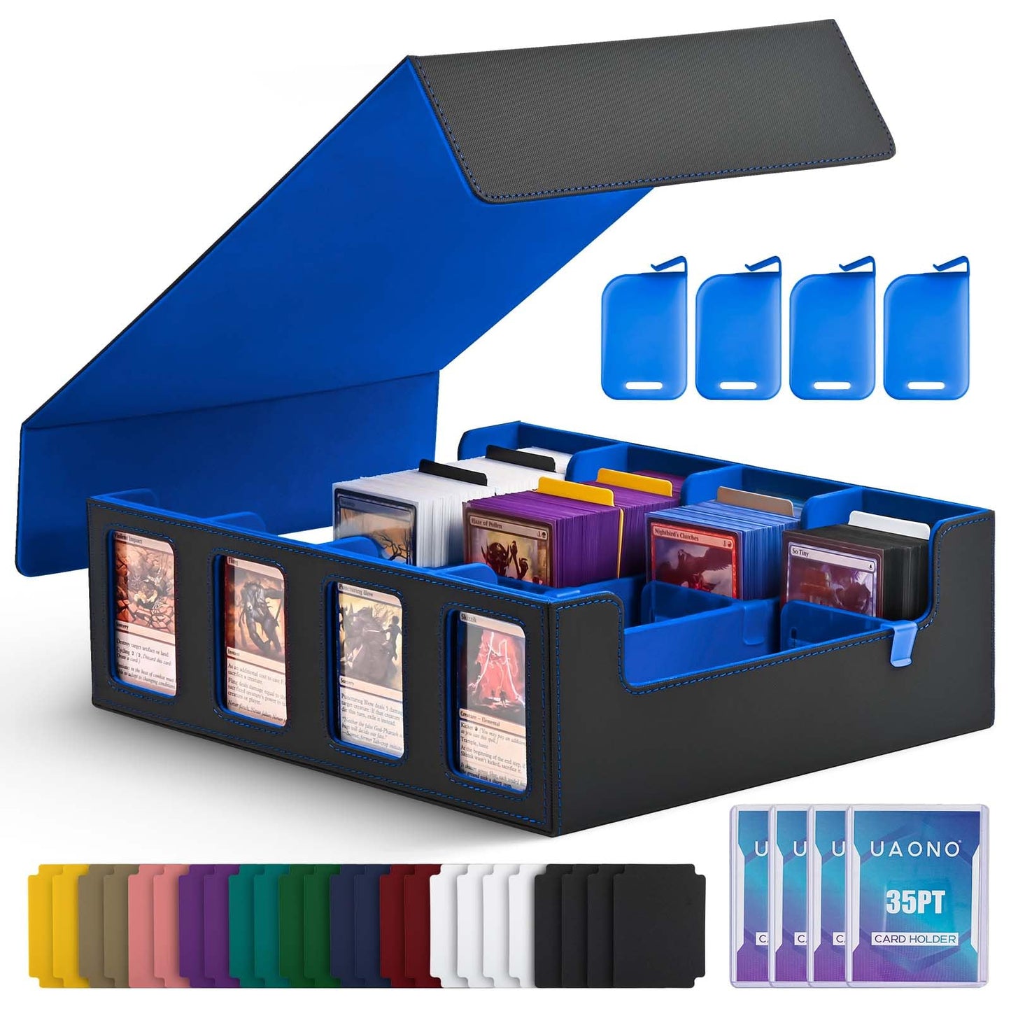 Uaono Trading Card Storage Box With Commander Display; 2400+ Deck Box For Mtg With Removable Cover; Toploader Card Case Fits Magic Tcg Ptcg Sports Cards; 24 Dividers, 4 Stoppers (Black, Blue)