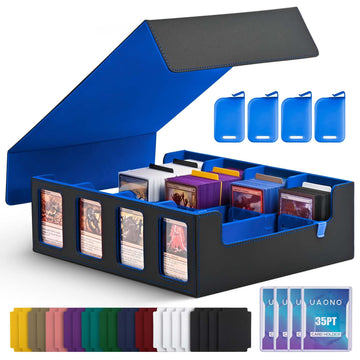Uaono Trading Card Storage Box With Commander Display; 2400+ Deck Box For Mtg With Removable Cover; Toploader Card Case Fits Magic Tcg Ptcg Sports Cards; 24 Dividers, 4 Stoppers (Black, Blue)
